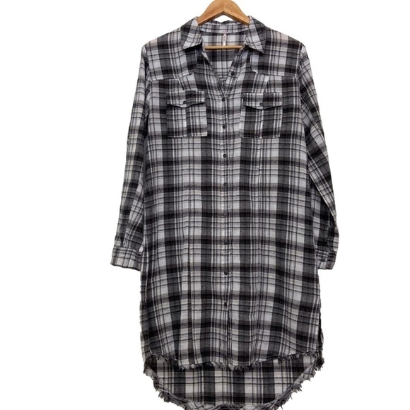 Free people dress tunic plaid black white fringe size small lightweight cotton - Picture 1 of 11